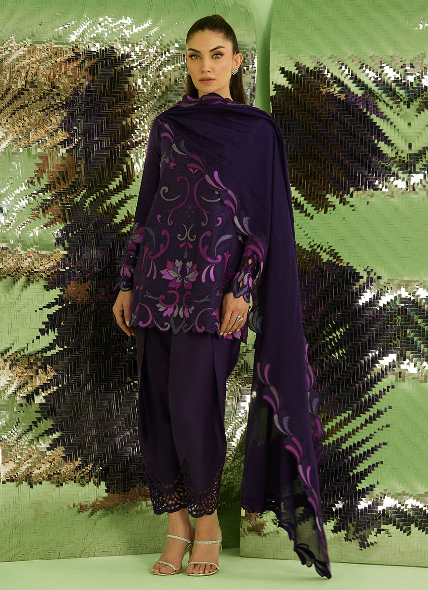 Noir Aubergibe Shirt With Drape Dupatta And Pants